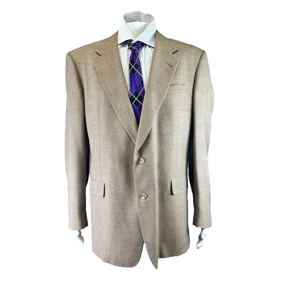 Hart Schaffner Marx Sport‎ Coat Men 46L Brown Plaid Wool Union Made USA Career